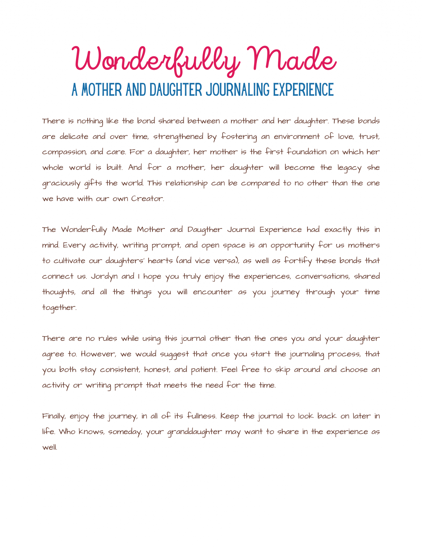 Wonderfully Made: A Mother Daughter Journaling Experience